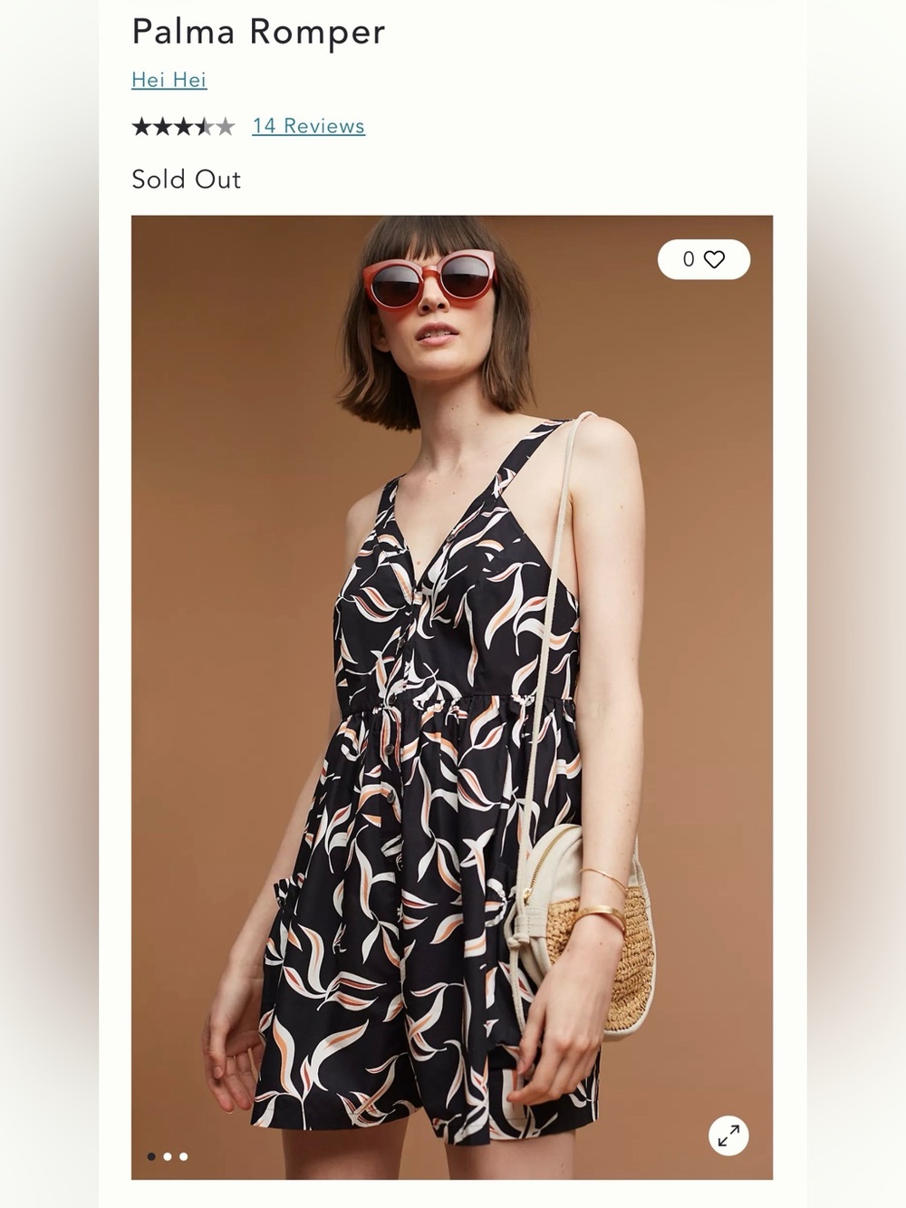 Anthropologie Black Sleeveless Romper with Peach & White Floral Swirl
